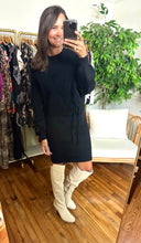Load image into Gallery viewer, Black sweater skirt set. Long sleeves, cropped sweater with woven detailing. High waisted pencil sweater skirt with woven detailing and drawstring at waistline.  True to size, wearing size small.
