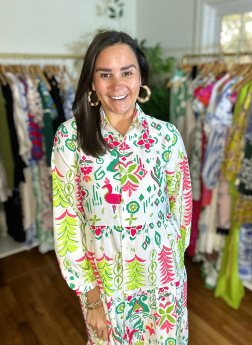 Pink and turquoise tropical printed maxi dress. Shirt style with collar, functional buttons and buttons at cuff. Tiered skirt.

True to size, wearing size small.

Good for bump, post bump or no bump!

Turn heads with this pink and turquoise tropical printed maxi dress, perfect for those who love bold prints and effortless style. The shirt-style design features a classic collar and functional buttons down the front, adding a touch of sophistication. The buttoned cuffs at the sleeves provide a tailored finish