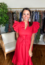 Load image into Gallery viewer, Bright red Miley Dillan midi dress. Drawstring at empire waist, double ruffle sleeves, split neckline with ruffle detailing. Straight skirt with drop ruffle hemline. Cotton Poplin.  True to size, wearing size x-small.  Good for bump, post bump or no bump!
