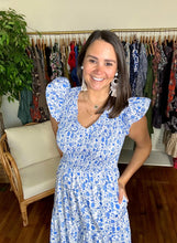 Load image into Gallery viewer, Luray floral printed sunfire ankle dress with smocked bodice, ruffle sleeve detailing and tiered skirt with pockets. Light weight cotton poplin.  True to size, wearing size x-small.
