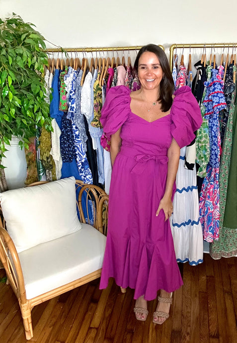 Malina midi dress - Cotton mermaid midid dress with dramatic puff sleeves for on the shoulder or off the shoulder. Sweetheart neckline, smocking on side bodice, empire waist and removable tie at waist. Back zipper closure.  Wearing size small, could have taken an x-small.