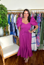 Load image into Gallery viewer, Malina midi dress - Cotton mermaid midid dress with dramatic puff sleeves for on the shoulder or off the shoulder. Sweetheart neckline, smocking on side bodice, empire waist and removable tie at waist. Back zipper closure.  Wearing size small, could have taken an x-small.
