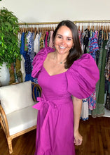 Load image into Gallery viewer, Malina midi dress - Cotton mermaid midid dress with dramatic puff sleeves for on the shoulder or off the shoulder. Sweetheart neckline, smocking on side bodice, empire waist and removable tie at waist. Back zipper closure.  Wearing size small, could have taken an x-small.
