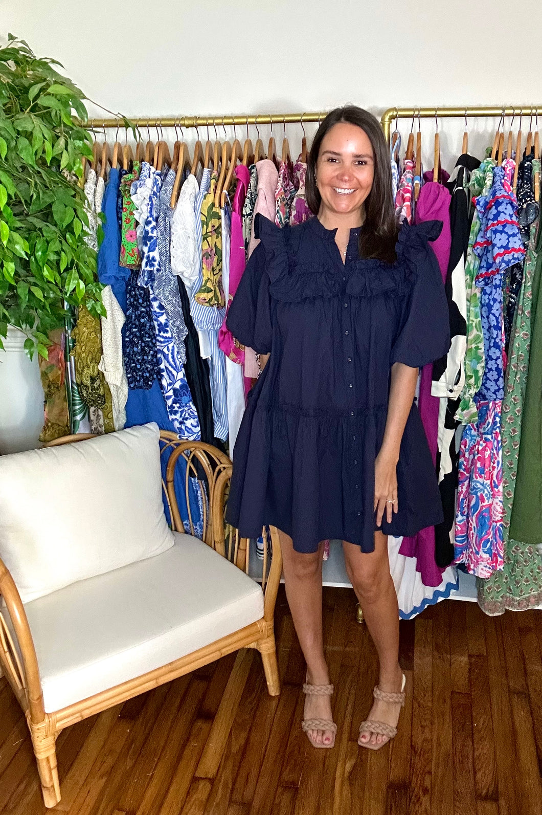 Tatiana Mini Dress - Dark navy blue cotton poplin mini shirt dress with drop waistline and pockets in skirt. Double Ruffle at yoke and shoulders with puff sleeves. Functional front buttons, fabric covered buttons.  True to size, wearing size small.  Good for bump, post bump or no bump!