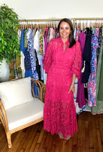 Load image into Gallery viewer, Hit pink lace maxi dress. Lined bodice to the knee. Functional front buttons and size zipper closure. Ruffle detailing at collar and balloon sleeves.  True to size, wearing size small.
