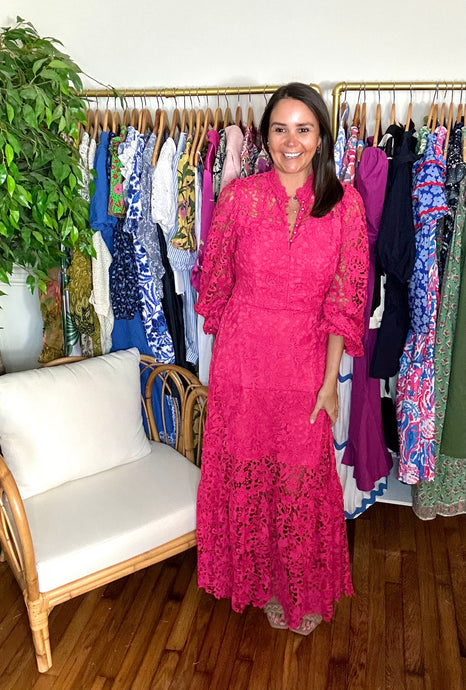 Hit pink lace maxi dress. Lined bodice to the knee. Functional front buttons and size zipper closure. Ruffle detailing at collar and balloon sleeves.  True to size, wearing size small.