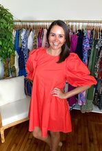 Load image into Gallery viewer, Cherry red mini dress with pleated puff sleeves and a-line skirt with pockets. Back keyhole closure. Cotton poplin.  True to size, wearing size small.
