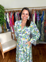 Load image into Gallery viewer, &lt;p&gt;Floral printed ankle dress with balloon fitted sleeves with cuff wrists. A-line skirt with pockets and gathered bustling. Back zipper closure. Cotton poplin blend.&lt;/p&gt; &lt;p&gt;True to size, wearing size small.&lt;/p&gt; &lt;p&gt;Good for a small bump, post bump or no bump.&lt;/p&gt;
