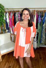 Load image into Gallery viewer, &lt;p&gt;Sherbet color blocked mini dress. Drawstring adjustable neckline, puff sleeves with cuff detailing. Straight shift dress with room. Silk blend.&lt;/p&gt; &lt;p&gt;True to size, wearing size small.&lt;/p&gt; &lt;p&gt;Good for bump, post bump or no bump!&lt;/p&gt;
