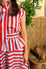 Load image into Gallery viewer, Red and Blue Striped Peplum Skirt Set
