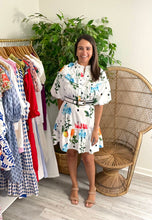 Load image into Gallery viewer, Fruit, floral and polka dot mini dress. Ruffle button down bodice with balloon sleeves. Empire waist with straight skirt and drop ruffle hemline. Functional front buttons, double lined and removable belt at waist. Silk blend.  True to size, wearing size small.
