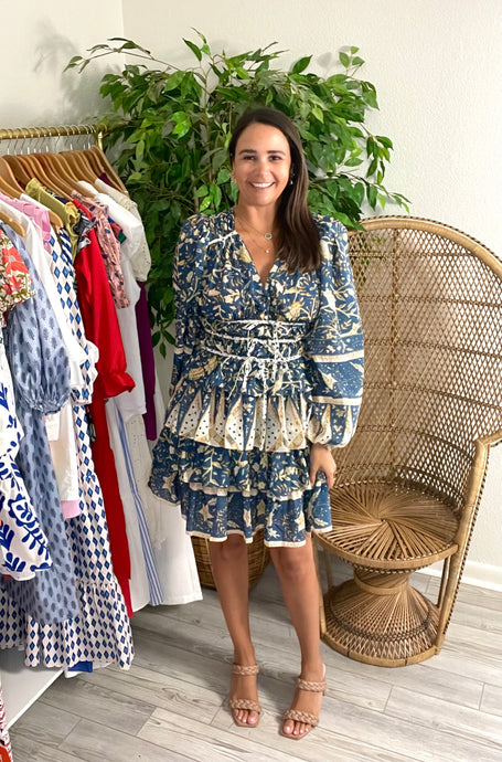 Contrasting print mini dress. Balloon sleeves, triple faux tie and smocked bodice, with triple tiered skirt. Patterned piping detailing throughout, side zipper closure and double lined. Silk linen blend.  True to size, wearing size small.