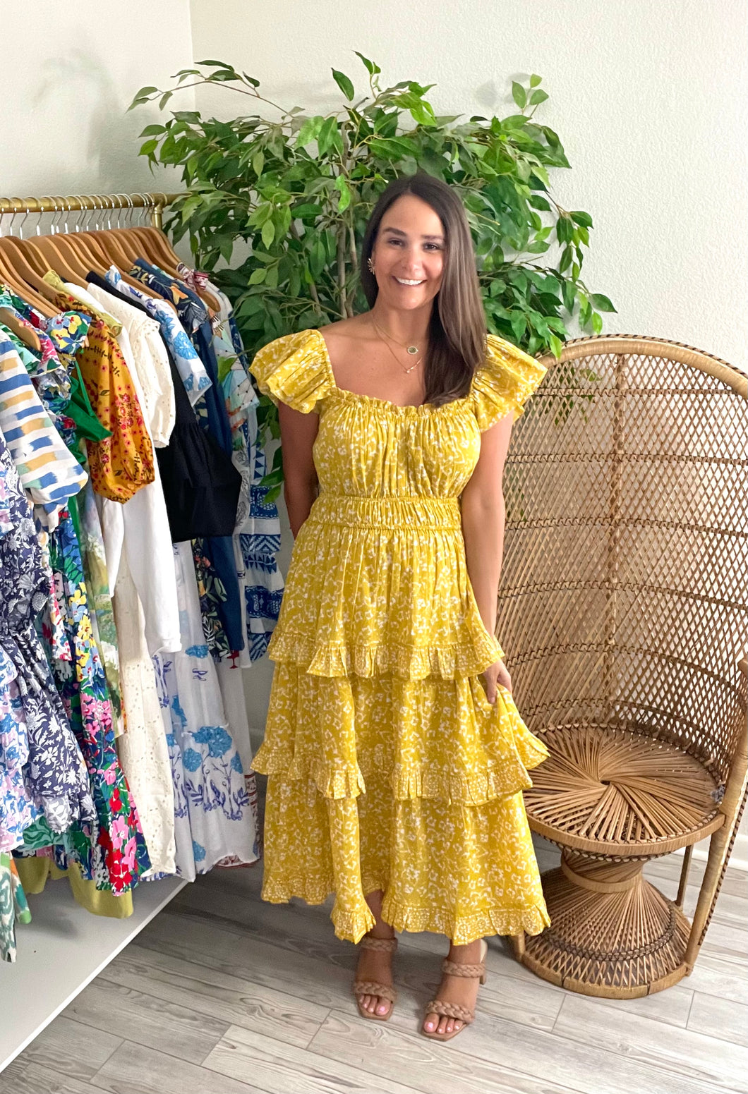 Dita midi dress in cassia print. Golden mustard and white printed cotton midi dress with double flutter sleeves, empire ruched waistline and triple tiered ruffle skirt. Ankle length. Bra strap friendly.  True to size, wearing size x-small.  Good for small bump, post bump or no bump.