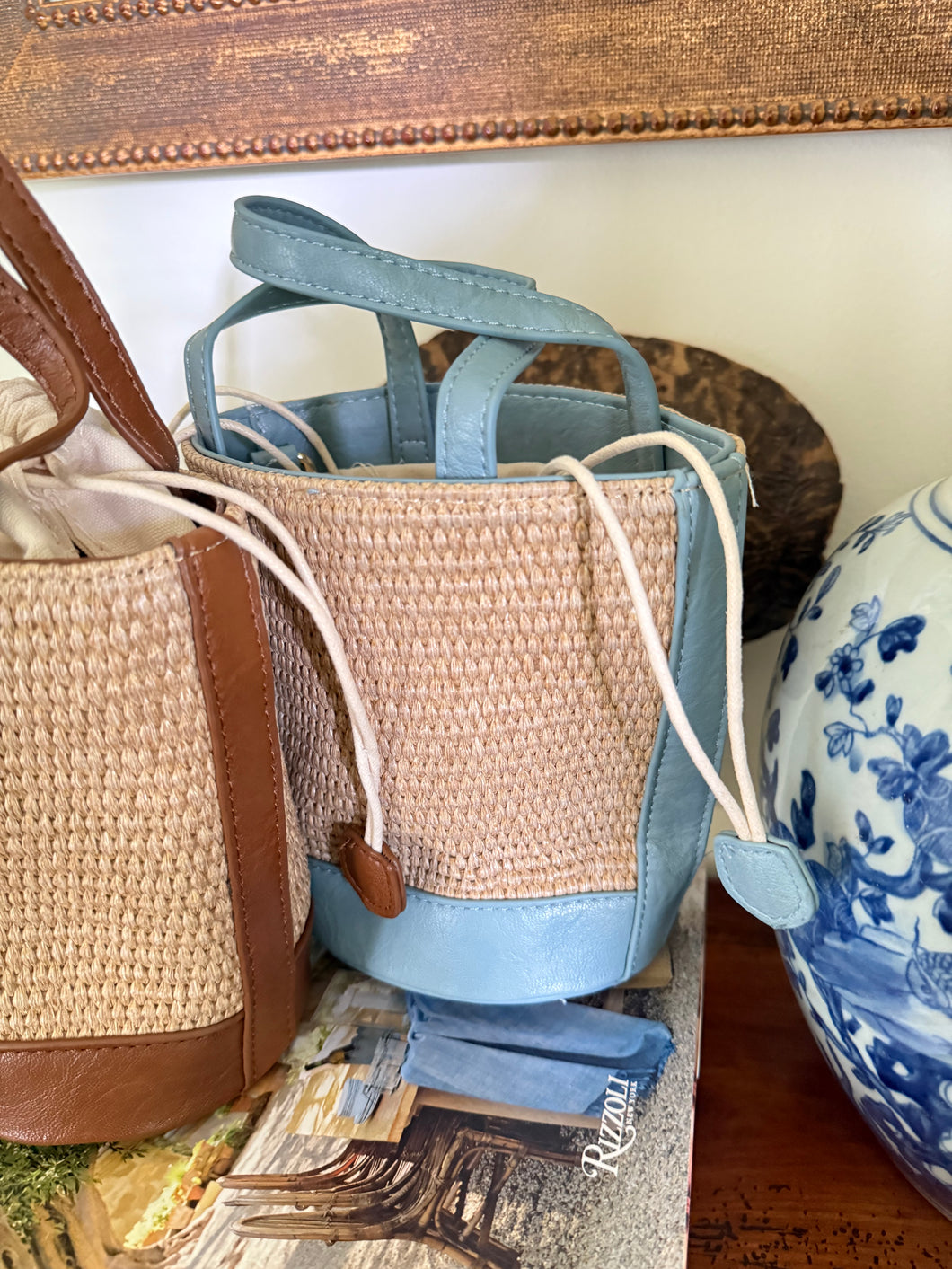Blue and Raffia Bucket Bag