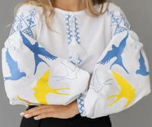 Load image into Gallery viewer, &lt;p&gt;Boho bird blouse with drop elbow balloon sleeves and crew neck. Embroidered birds and aztec pattern with faux front tie. Covers most of front and backside. Light weight cotton-linen blend.&lt;/p&gt; &lt;p&gt;True to size, wearing size small.&lt;/p&gt;
