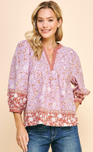 Load image into Gallery viewer, &lt;p&gt;Lavender and rust block printed blouse with pin tuck detailing on yoke. Bordered detailing of contrasting print. Light weight cotton. Covers most of front and backside.&lt;/p&gt; &lt;p&gt;True to size, wearing size small.&lt;/p&gt;
