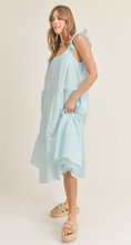 Load image into Gallery viewer, &lt;p&gt;Aqua and white seersucker midi dress. Tiered bodice with ruffle detailing on straps. Light weight cotton and lined.&lt;/p&gt; &lt;p&gt;True to size, wearing size small.&lt;/p&gt; &lt;p&gt;Good for bump, post bump or no bump!&lt;/p&gt;
