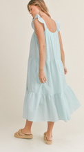 Load image into Gallery viewer, &lt;p&gt;Aqua and white seersucker midi dress. Tiered bodice with ruffle detailing on straps. Light weight cotton and lined.&lt;/p&gt; &lt;p&gt;True to size, wearing size small.&lt;/p&gt; &lt;p&gt;Good for bump, post bump or no bump!&lt;/p&gt;
