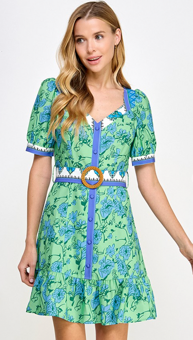 <p>Blue and green printed mini dress with contrasting block printed belt with rattan buckle. Squared neckline, puff sleeves and ruffle hemline. Poly silk blend.</p> <p>Runs a little small, wearing size medium. If between sizes, size up.</p> <p>I carry my weight in my stomach, wanted to have a little extra room.</p>