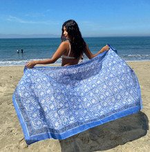 Load image into Gallery viewer, &lt;p&gt;Block Print Indian Sarong. Blues and whites.&lt;/p&gt; &lt;p&gt;Worn as skirt or dress. Light weight cotton.&lt;/p&gt; &lt;p&gt;Sarongs are FINAL SALE.&lt;/p&gt;
