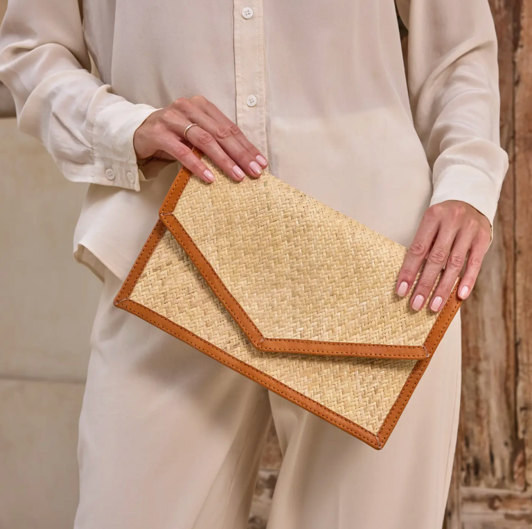 Rattan Clutch with Leather Trim