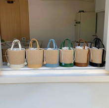 Load image into Gallery viewer, Blue and Raffia Bucket Bag
