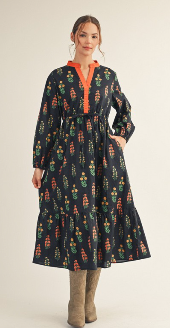 Black Block Print Midi Dress