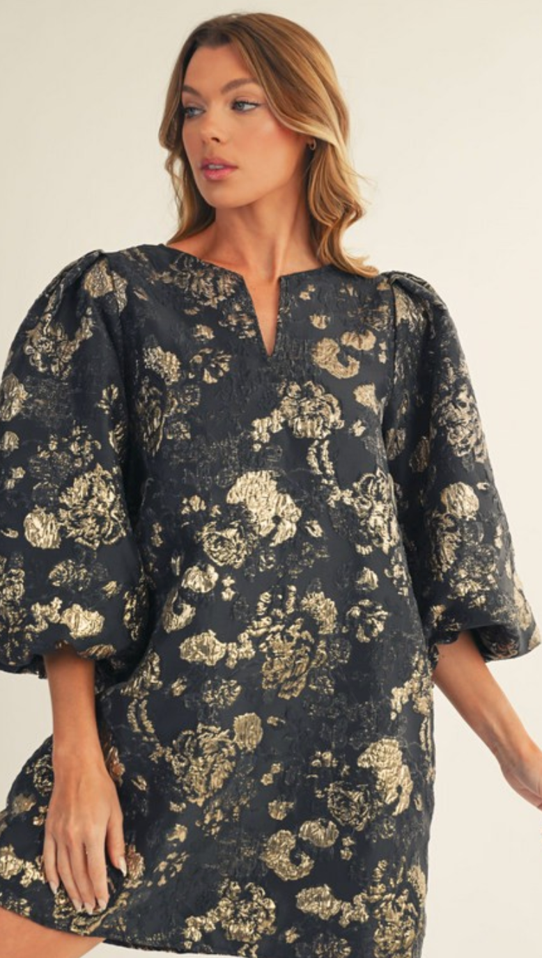 Jacquard Puff Sleeve Mini Dress