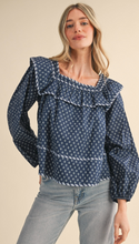 Load image into Gallery viewer, Navy Ruffle Trim Blouse

