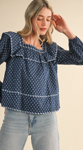 Load image into Gallery viewer, Navy Ruffle Trim Blouse

