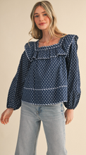 Load image into Gallery viewer, Navy Ruffle Trim Blouse
