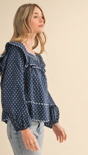 Load image into Gallery viewer, Navy Ruffle Trim Blouse
