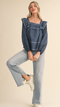 Load image into Gallery viewer, Navy Ruffle Trim Blouse
