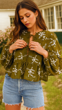 Load image into Gallery viewer, Olive Embroidered Peplum Blouse
