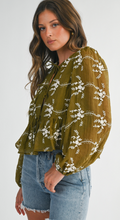 Load image into Gallery viewer, Olive Embroidered Peplum Blouse
