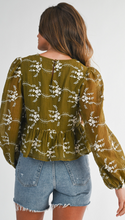 Load image into Gallery viewer, Olive Embroidered Peplum Blouse
