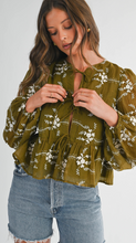 Load image into Gallery viewer, Olive Embroidered Peplum Blouse
