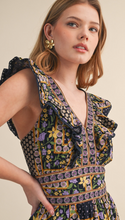 Load image into Gallery viewer, Navy Printed Ruffle Midi Dress
