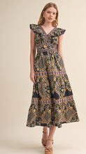 Load image into Gallery viewer, Navy Printed Ruffle Midi Dress

