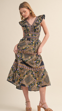 Load image into Gallery viewer, Navy Printed Ruffle Midi Dress
