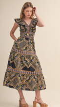 Load image into Gallery viewer, Navy Printed Ruffle Midi Dress
