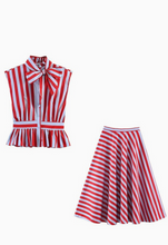 Load image into Gallery viewer, Red and Blue Striped Peplum Skirt Set
