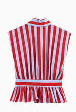 Load image into Gallery viewer, Red and Blue Striped Peplum Skirt Set
