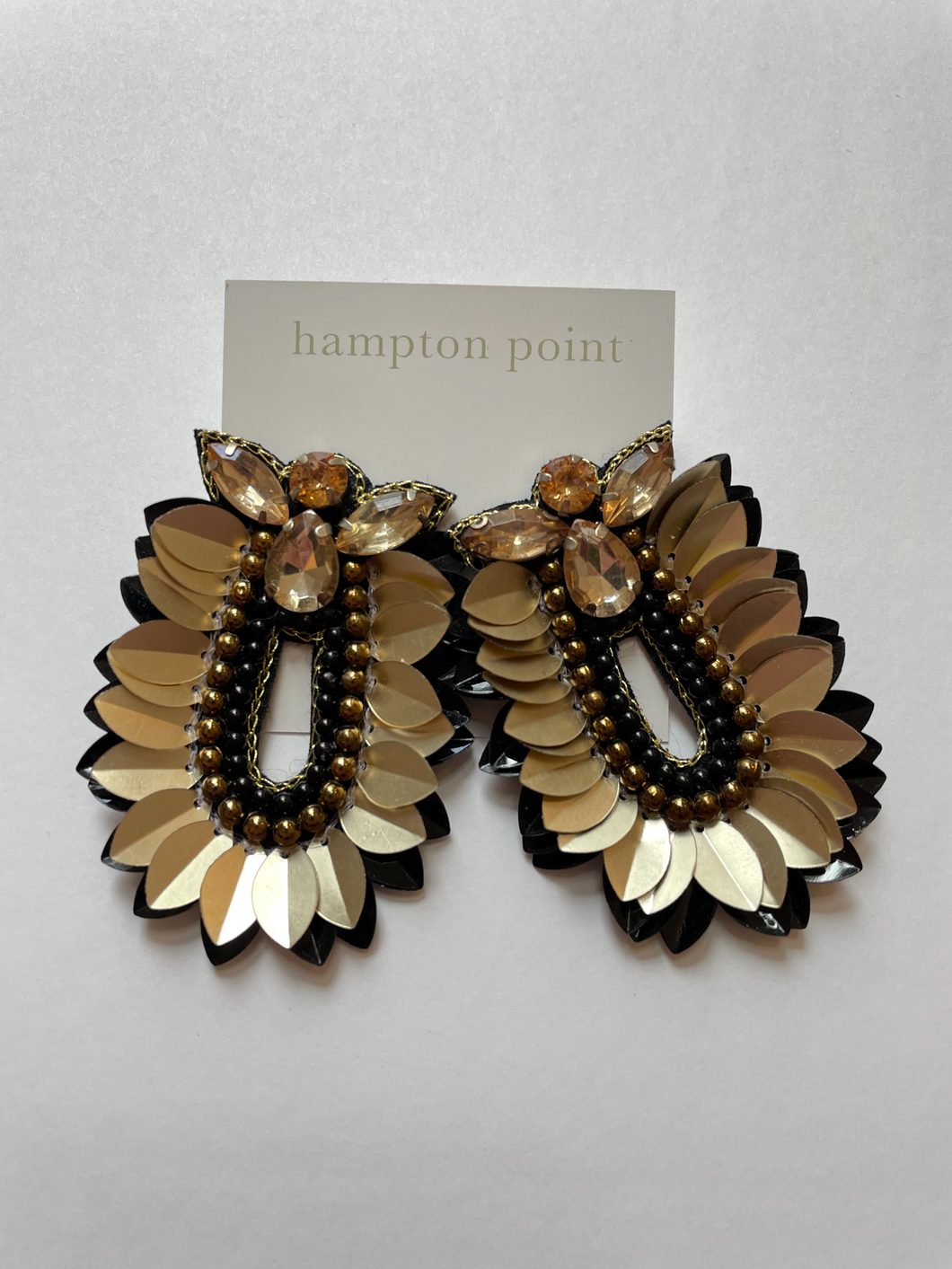 Gold and black fanned earrings.  3 inches long.  Extremely light weight with felt backing.