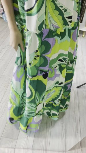 Geometric floral print maxi dress with ruffle off shoulder straps and smocked bodice. Poly silk blend.  True to size, wearing size small.  Good for bump, post bump or no bump!