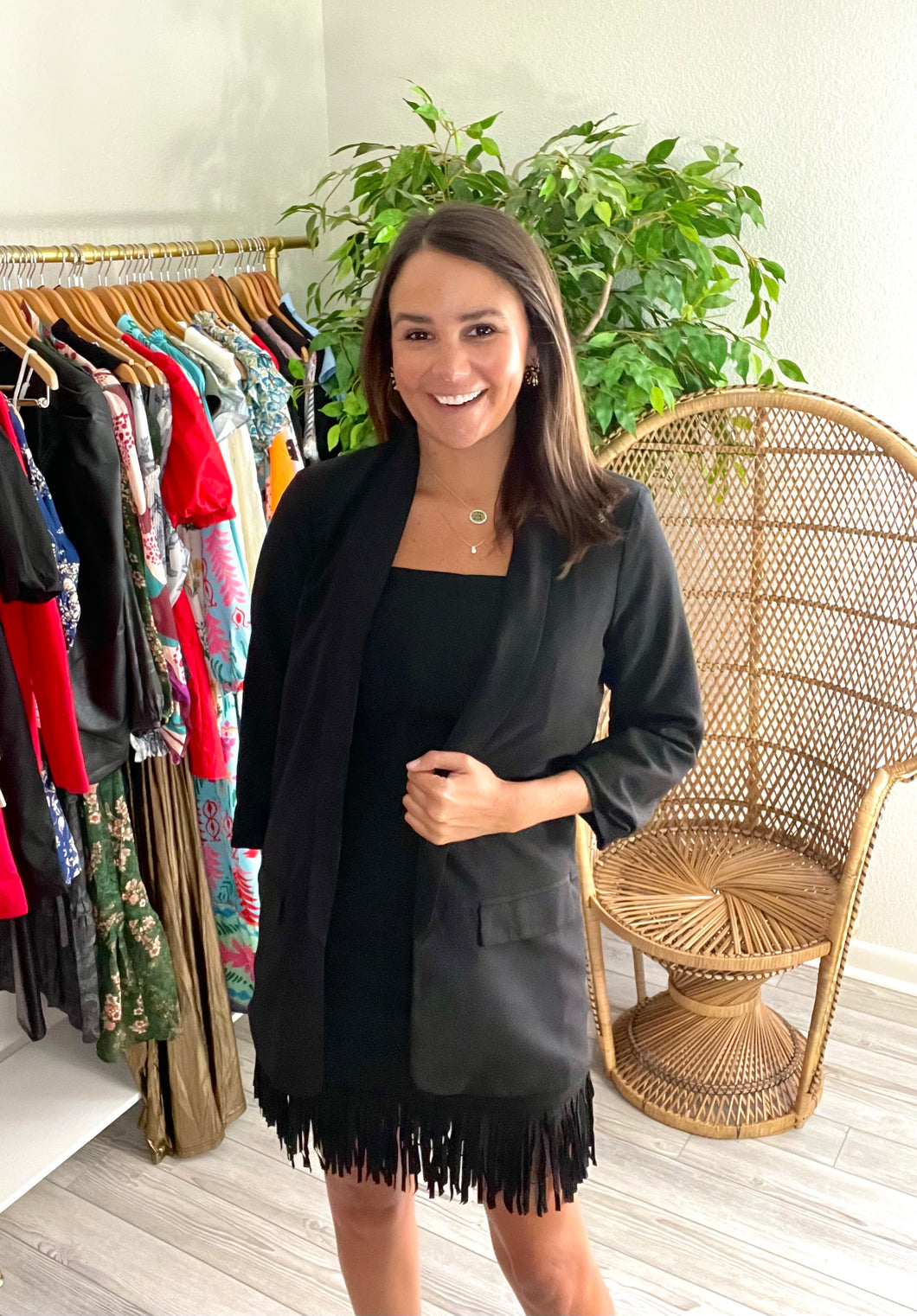 Oversized fitted blazer. Tailored through shoulders and arms, loose fitting through body. Tucked sleeves. Poly spandex blend.  True to size, wearing size small.
