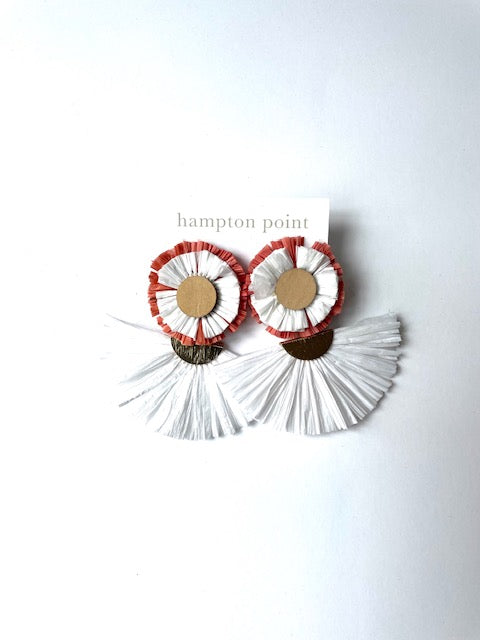Sherbert orange raffia earrings with wood and gold accents.
