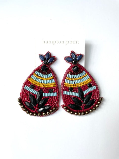 Crimson and navy beaded earrings  Light weight.