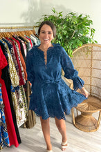 Load image into Gallery viewer, Teal Fiona eyelet mini dress. Double scalloped eyelet collar. Scalloped exaggerated sleeves and scalloped hemline. Removable tie at waist, functional front buttons and a slight high low hem on sides. Lined.  True to size, wearing size x-small.
