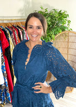 Load image into Gallery viewer, Teal Fiona eyelet mini dress. Double scalloped eyelet collar. Scalloped exaggerated sleeves and scalloped hemline. Removable tie at waist, functional front buttons and a slight high low hem on sides. Lined.  True to size, wearing size x-small.
